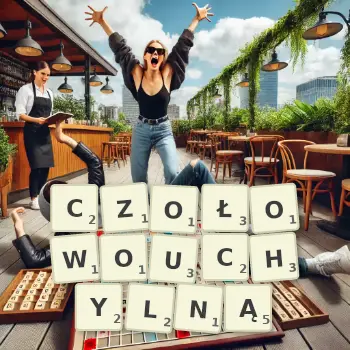 Kreatywna ilustracja do gry w Scrabble ze słowem CZOŁOWOUCHYLNĄ ułożonym z płytek na planszy.