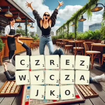 Kreatywna ilustracja do gry w Scrabble ze słowem CZREZWYCZAJKO ułożonym z płytek na planszy.