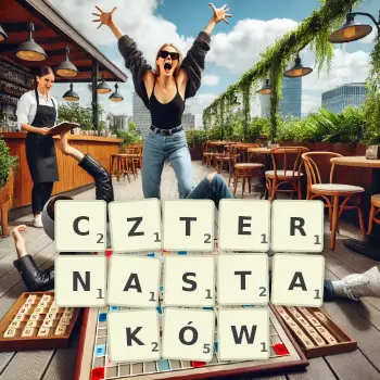 Kreatywna ilustracja do gry w Scrabble ze słowem CZTERNASTAKÓW ułożonym z płytek na planszy.