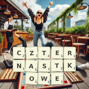 Kreatywna ilustracja do gry w Scrabble ze słowem CZTERNASTKOWE ułożonym z płytek na planszy.