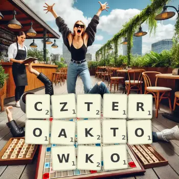 Kreatywna ilustracja do gry w Scrabble ze słowem CZTEROAKTOWKO ułożonym z płytek na planszy.