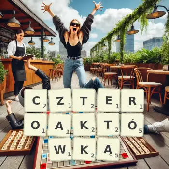 Kreatywna ilustracja do gry w Scrabble ze słowem CZTEROAKTÓWKĄ ułożonym z płytek na planszy.