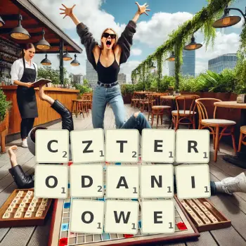 Kreatywna ilustracja do gry w Scrabble ze słowem CZTERODANIOWE ułożonym z płytek na planszy.