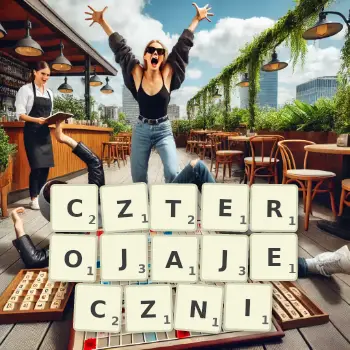 Kreatywna ilustracja do gry w Scrabble ze słowem CZTEROJAJECZNI ułożonym z płytek na planszy.