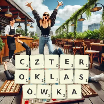 Kreatywna ilustracja do gry w Scrabble ze słowem CZTEROKLASÓWKA ułożonym z płytek na planszy.