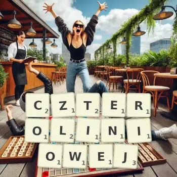 Kreatywna ilustracja do gry w Scrabble ze słowem CZTEROLINIOWEJ ułożonym z płytek na planszy.