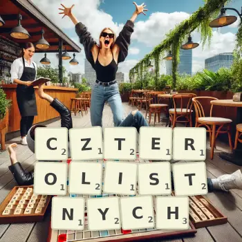 Kreatywna ilustracja do gry w Scrabble ze słowem CZTEROLISTNYCH ułożonym z płytek na planszy.