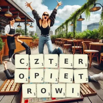 Kreatywna ilustracja do gry w Scrabble ze słowem CZTEROPIETROWI ułożonym z płytek na planszy.