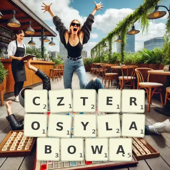 Kreatywna ilustracja do gry w Scrabble ze słowem CZTEROSYLABOWĄ ułożonym z płytek na planszy.