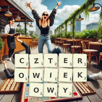 Kreatywna ilustracja do gry w Scrabble ze słowem CZTEROWIEKOWY ułożonym z płytek na planszy.
