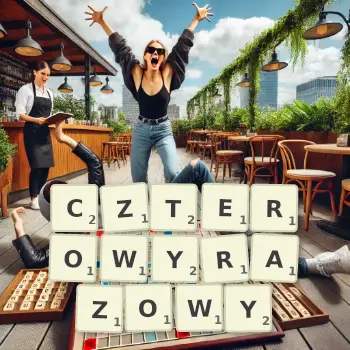 Kreatywna ilustracja do gry w Scrabble ze słowem CZTEROWYRAZOWY ułożonym z płytek na planszy.