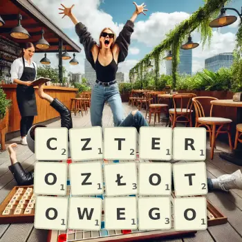Kreatywna ilustracja do gry w Scrabble ze słowem CZTEROZŁOTOWEGO ułożonym z płytek na planszy.
