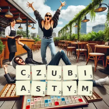 Kreatywna ilustracja do gry w Scrabble ze słowem CZUBIASTYM ułożonym z płytek na planszy.