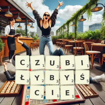 Kreatywna ilustracja do gry w Scrabble ze słowem CZUBIŁYBYŚCIE ułożonym z płytek na planszy.