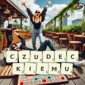 Kreatywna ilustracja do gry w Scrabble ze słowem CZUDECKIEMU ułożonym z płytek na planszy.