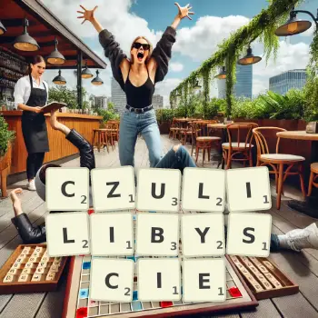 Kreatywna ilustracja do gry w Scrabble ze słowem CZULILIBYSCIE ułożonym z płytek na planszy.