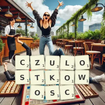 Kreatywna ilustracja do gry w Scrabble ze słowem CZULOSTKOWOSC ułożonym z płytek na planszy.
