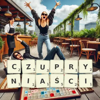 Kreatywna ilustracja do gry w Scrabble ze słowem CZUPRYNIAŚCI ułożonym z płytek na planszy.