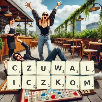 Kreatywna ilustracja do gry w Scrabble ze słowem CZUWALICZKOM ułożonym z płytek na planszy.
