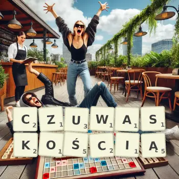 Kreatywna ilustracja do gry w Scrabble ze słowem CZUWASKOŚCIĄ ułożonym z płytek na planszy.