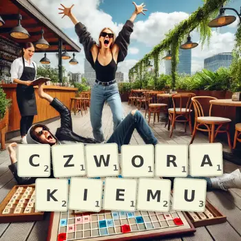 Kreatywna ilustracja do gry w Scrabble ze słowem CZWORAKIEMU ułożonym z płytek na planszy.