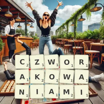 Kreatywna ilustracja do gry w Scrabble ze słowem CZWORAKOWANIAMI ułożonym z płytek na planszy.