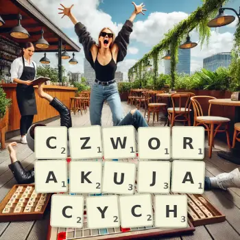 Kreatywna ilustracja do gry w Scrabble ze słowem CZWORAKUJACYCH ułożonym z płytek na planszy.