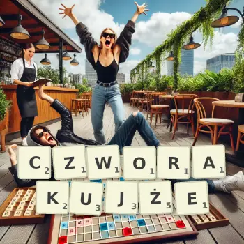 Kreatywna ilustracja do gry w Scrabble ze słowem CZWORAKUJŻE ułożonym z płytek na planszy.