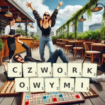 Kreatywna ilustracja do gry w Scrabble ze słowem CZWORKOWYMI ułożonym z płytek na planszy.