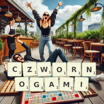 Kreatywna ilustracja do gry w Scrabble ze słowem CZWORNOGAMI ułożonym z płytek na planszy.