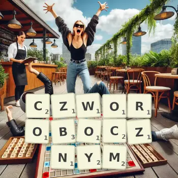 Kreatywna ilustracja do gry w Scrabble ze słowem CZWOROBOCZNYM ułożonym z płytek na planszy.