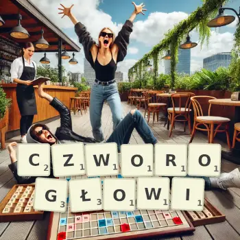 Kreatywna ilustracja do gry w Scrabble ze słowem CZWOROGŁOWI ułożonym z płytek na planszy.
