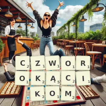 Kreatywna ilustracja do gry w Scrabble ze słowem CZWOROKĄCIKOM ułożonym z płytek na planszy.