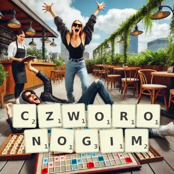 Kreatywna ilustracja do gry w Scrabble ze słowem CZWORONOGIM ułożonym z płytek na planszy.