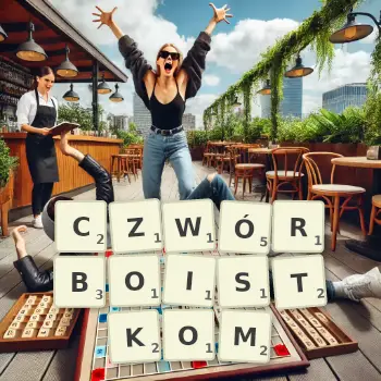 Kreatywna ilustracja do gry w Scrabble ze słowem CZWÓRBOISTKOM ułożonym z płytek na planszy.