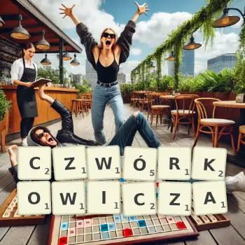Kreatywna ilustracja do gry w Scrabble ze słowem CZWÓRKOWICZA ułożonym z płytek na planszy.