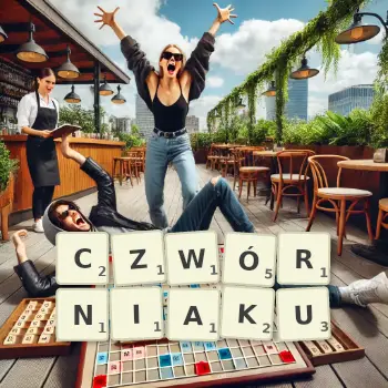 Kreatywna ilustracja do gry w Scrabble ze słowem CZWÓRNIAKU ułożonym z płytek na planszy.