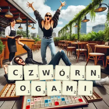 Kreatywna ilustracja do gry w Scrabble ze słowem CZWÓRNOGAMI ułożonym z płytek na planszy.