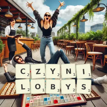 Kreatywna ilustracja do gry w Scrabble ze słowem CZYNILOBYS ułożonym z płytek na planszy.