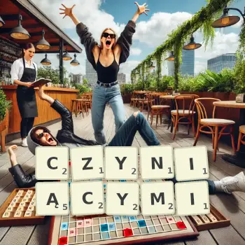 Kreatywna ilustracja do gry w Scrabble ze słowem CZYNIĄCYMI ułożonym z płytek na planszy.