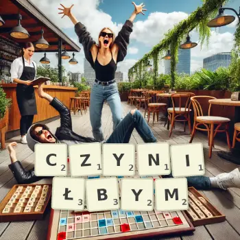 Kreatywna ilustracja do gry w Scrabble ze słowem CZYNIŁBYM ułożonym z płytek na planszy.