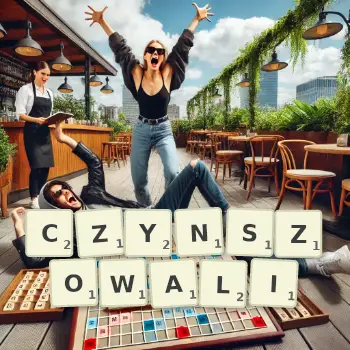 Kreatywna ilustracja do gry w Scrabble ze słowem CZYNSZOWALI ułożonym z płytek na planszy.