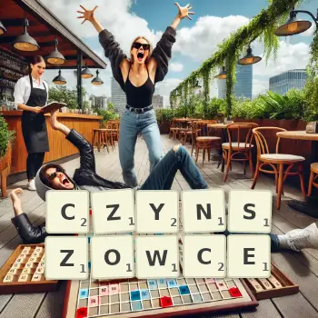 Kreatywna ilustracja do gry w Scrabble ze słowem CZYNSZOWCE ułożonym z płytek na planszy.