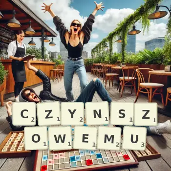 Kreatywna ilustracja do gry w Scrabble ze słowem CZYNSZOWEMU ułożonym z płytek na planszy.