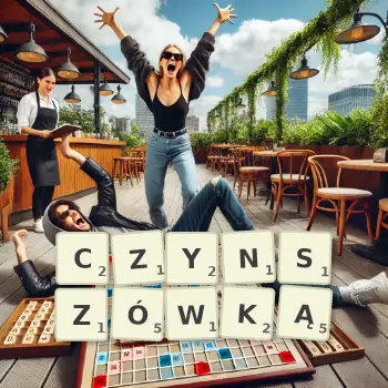 Kreatywna ilustracja do gry w Scrabble ze słowem CZYNSZÓWKĄ ułożonym z płytek na planszy.