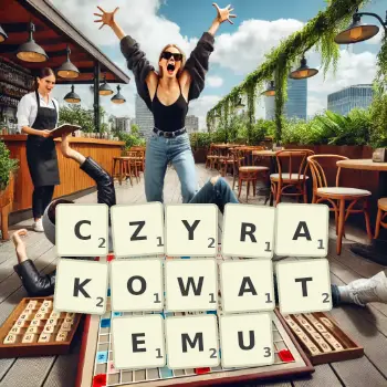 Kreatywna ilustracja do gry w Scrabble ze słowem CZYRAKOWATEMU ułożonym z płytek na planszy.