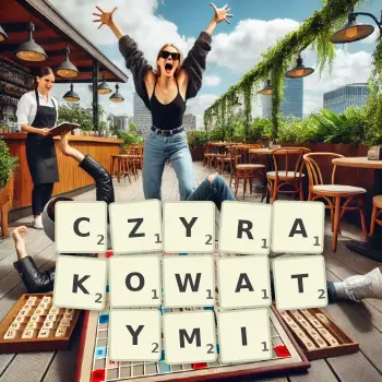 Kreatywna ilustracja do gry w Scrabble ze słowem CZYRAKOWATYMI ułożonym z płytek na planszy.