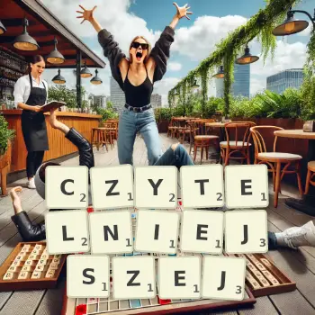 Kreatywna ilustracja do gry w Scrabble ze słowem CZYTELNIEJSZEJ ułożonym z płytek na planszy.