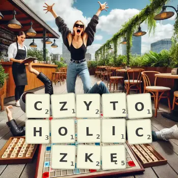 Kreatywna ilustracja do gry w Scrabble ze słowem CZYTOHOLICZKĘ ułożonym z płytek na planszy.