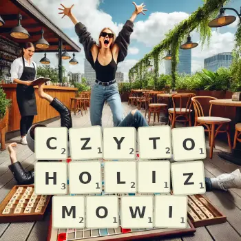 Kreatywna ilustracja do gry w Scrabble ze słowem CZYTOHOLIZMOWI ułożonym z płytek na planszy.